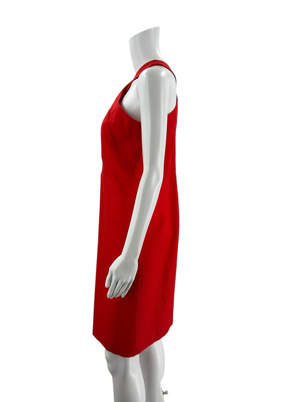 Ann Taylor red solid sleeveless halter dress, size 8, featuring a sheath pencil silhouette, perfect for cocktail events.