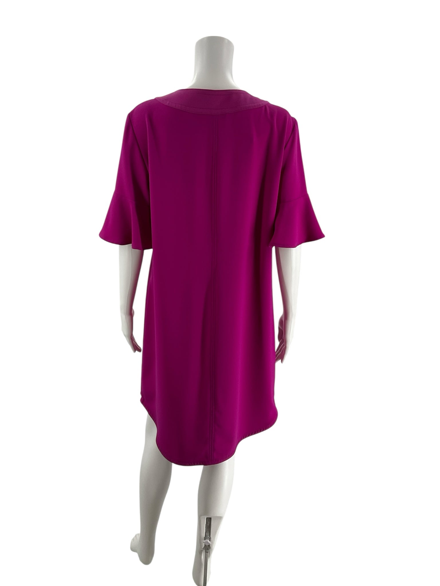 Back view of Trina Turk Fuschia Solid Pre-Owned Ladies Dress Size 10 showing clean seam lines and relaxed shift fit with bell sleeves.