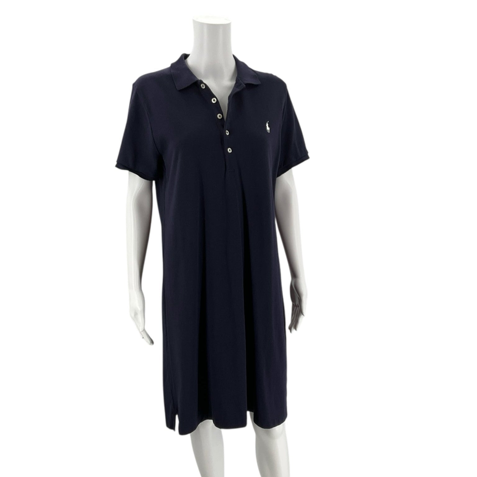 Front view of Ralph Lauren Sport Navy Pre-Owned Dress - Size XL on mannequin, showcasing button placket and relaxed fit.