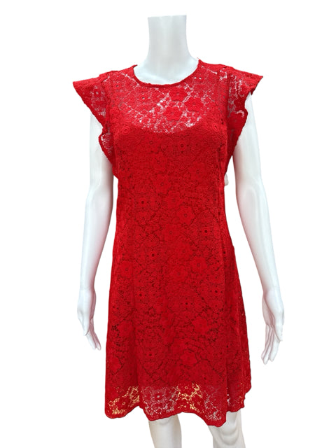 Front view of Michael Kors red floral lace dress, size medium, with cap sleeves and sheath fit, perfect for weddings or special occasions.