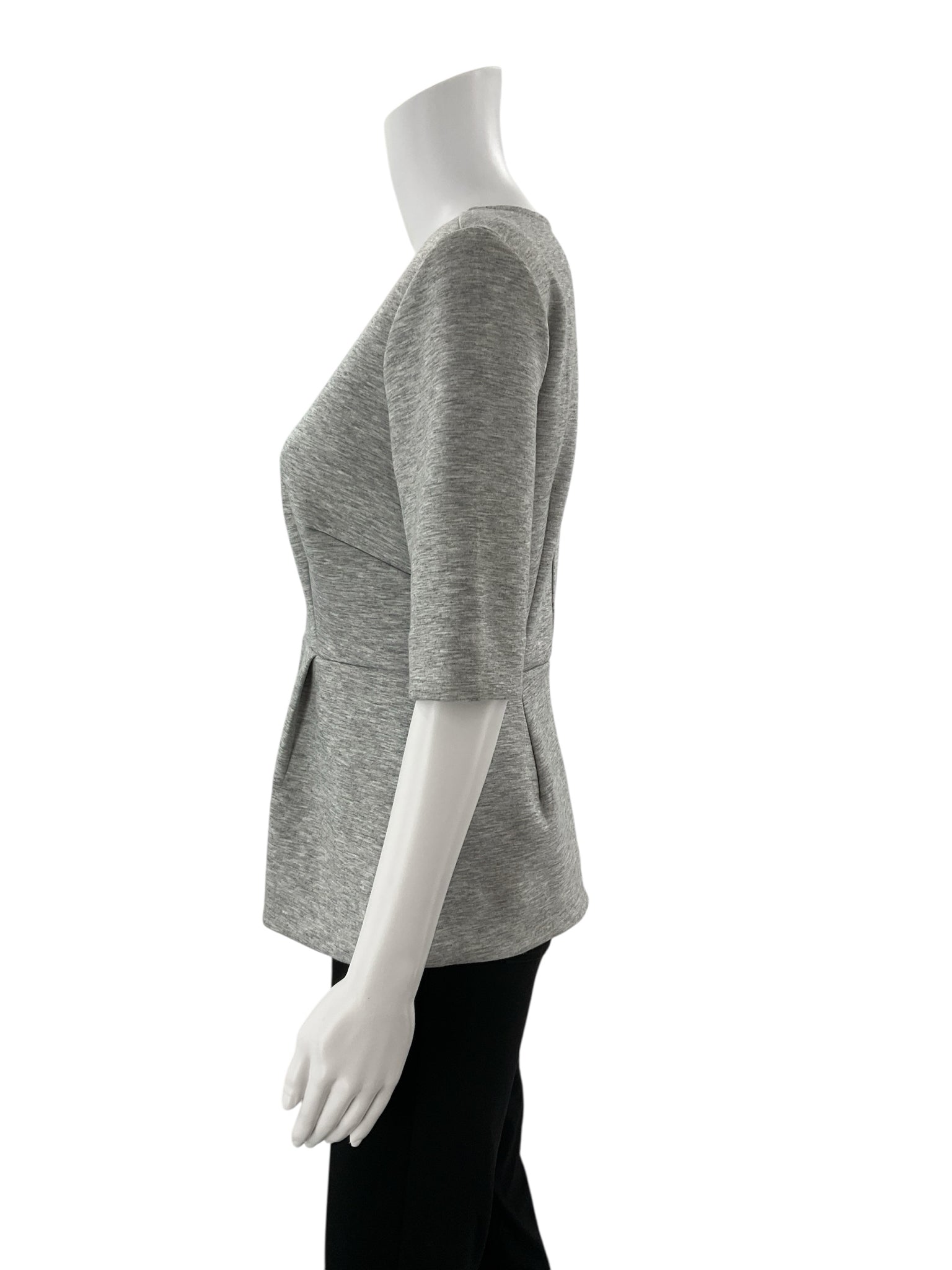 Gray heathered Ann Taylor peplum top with a V-neck, suitable for business casual attire, size small.