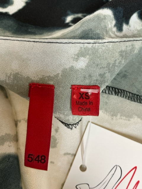 Brand and size tags of 5/48 Black/Cream/Gray Print Dress - Size XS. Labels show 5/48 brand, made in China, and extra small sizing.