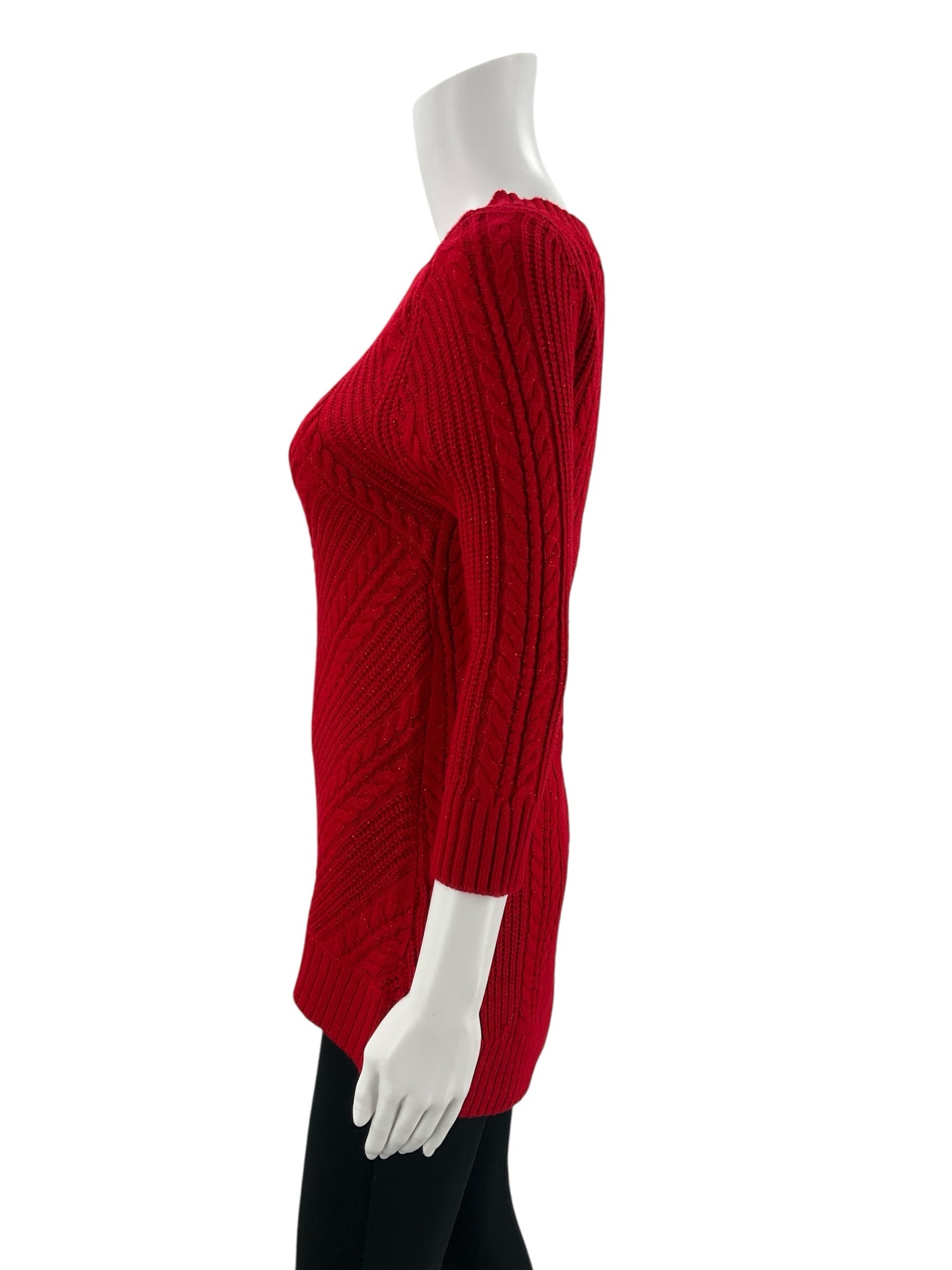 Side profile of New York & Co red knit sweater top, size small, showing slim fit and textured cable knit pattern for women’s consignment fashion.