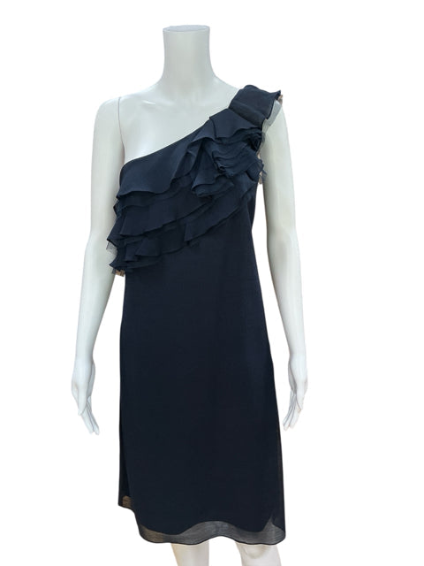 Pre-owned Ella Rose navy blue one shoulder sheath dress on mannequin, featuring cascading ruffle detail and elegant cocktail silhouette.
