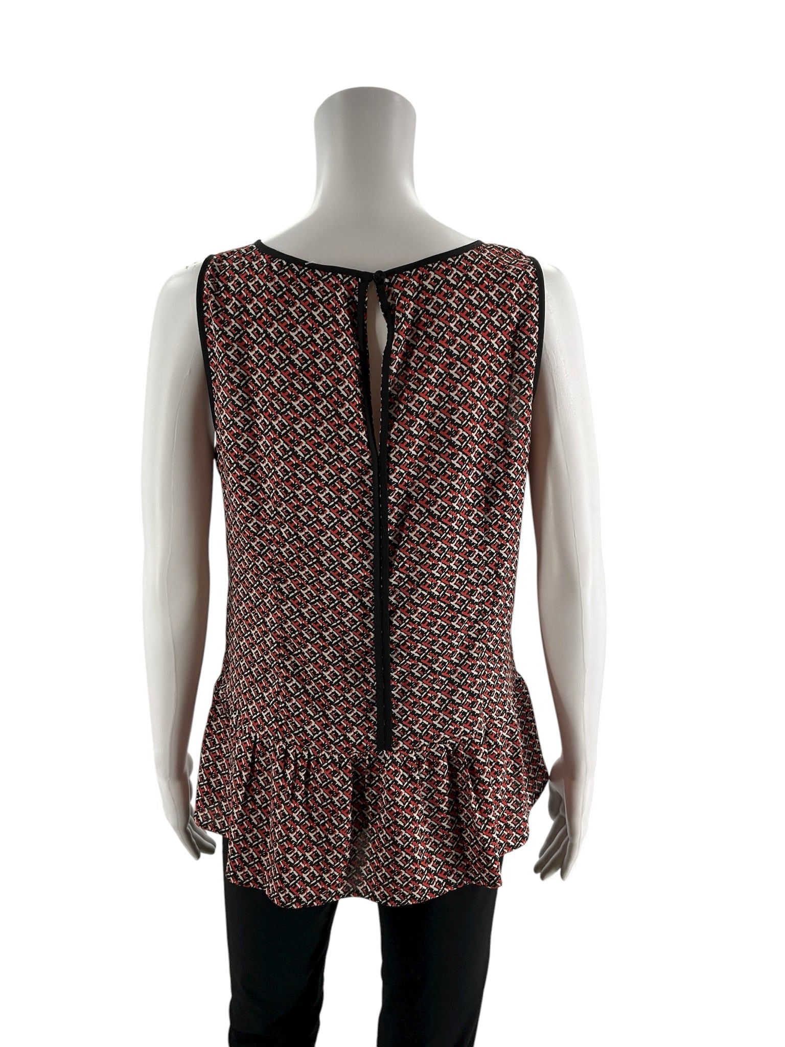 Ann Taylor sleeveless peplum top in black, red, and white print with a keyhole back, size 8, ideal for business casual wear.