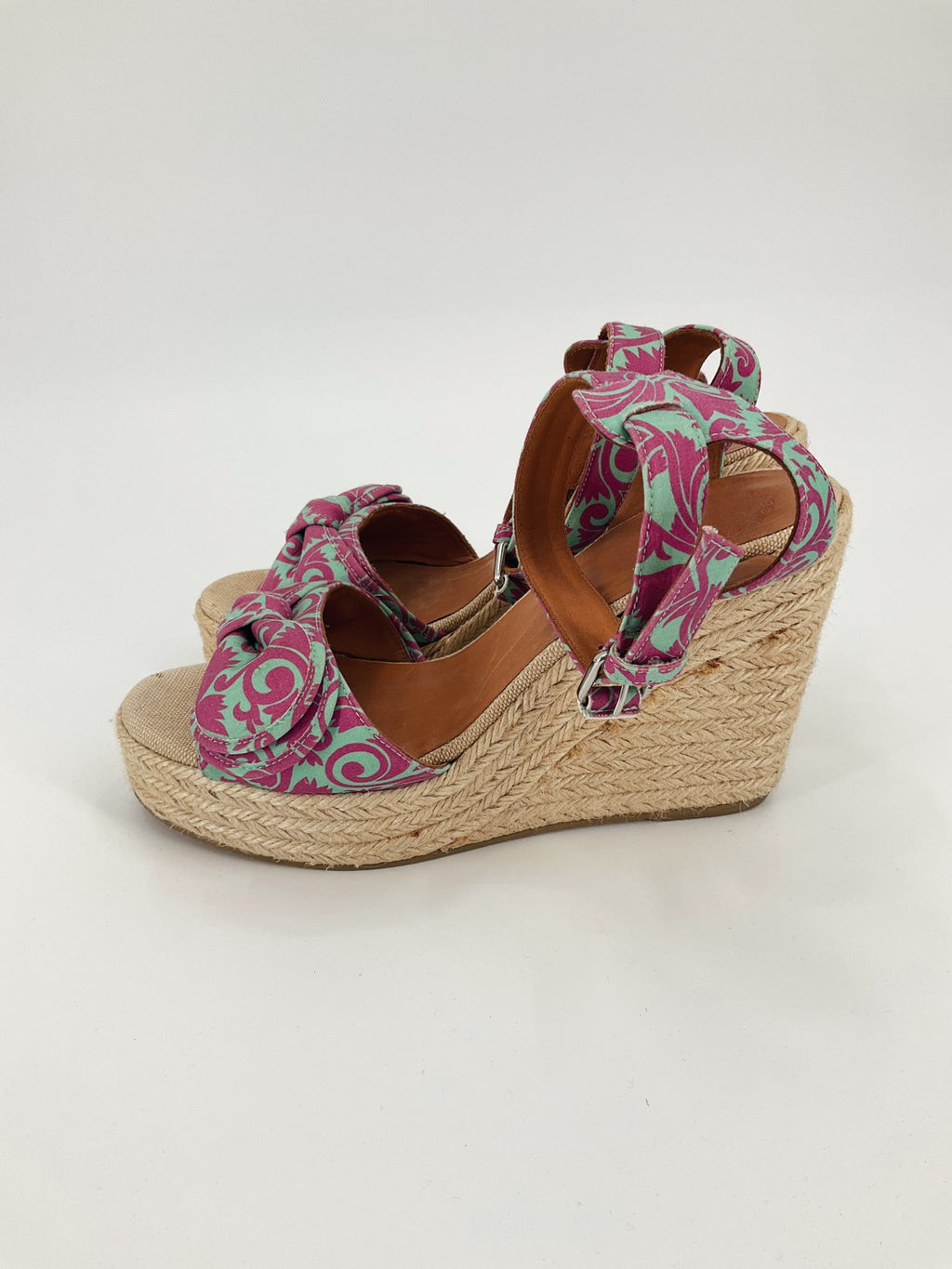 Marc by Marc Jacobs aqua and purple floral espadrille wedge sandals with peep toe and ankle strap, size 10.
