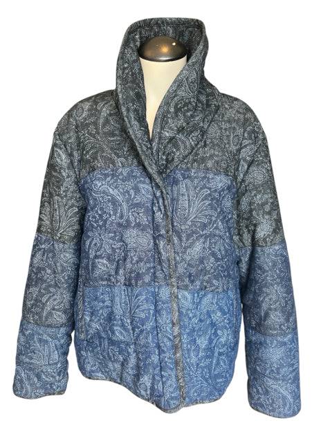 Anthropologie Coat Size Large in blue paisley print, front view. Pre-owned outerwear available at Margaret's Fine Consignments.