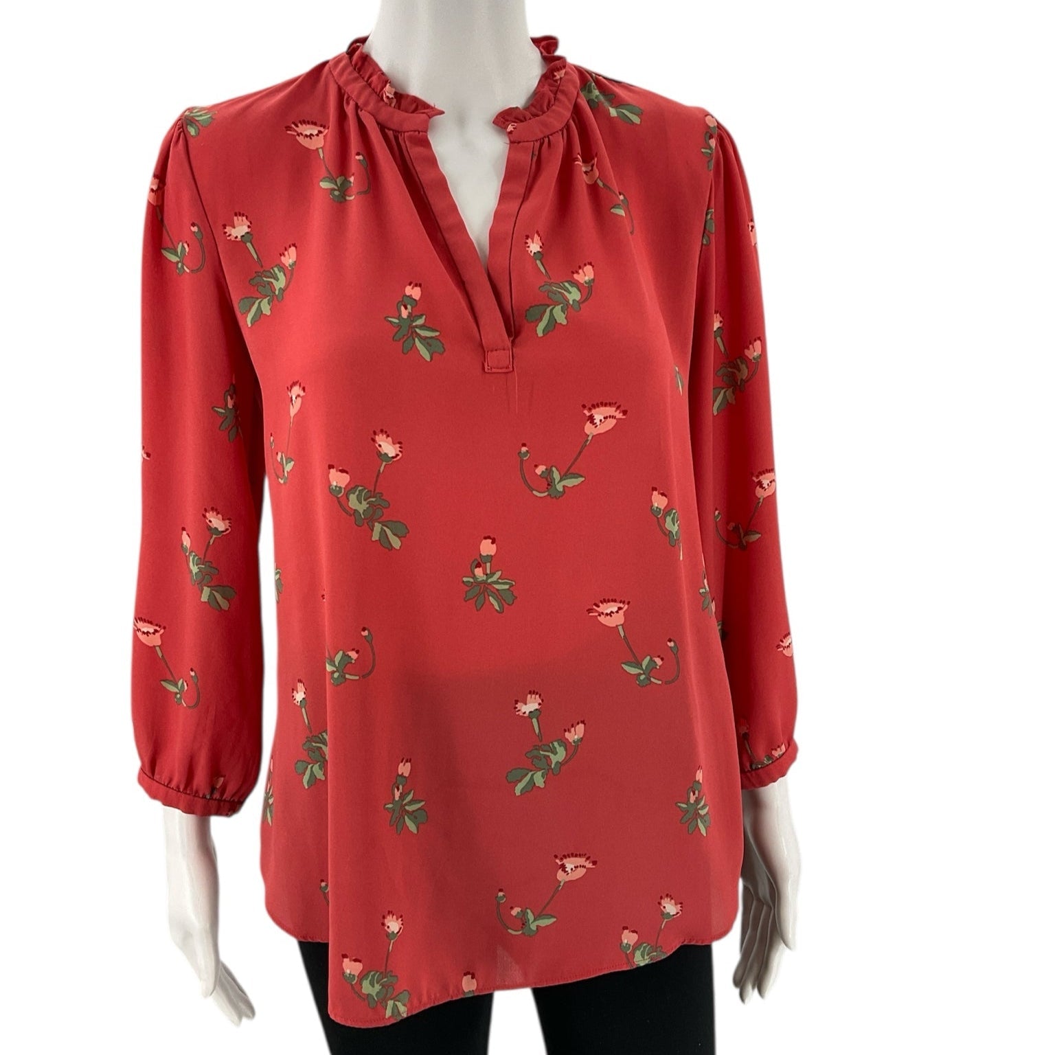 Loft Floral Blouse in red with pink and green flower print, pre-owned, long sleeves, size small, ideal for casual or office wear.