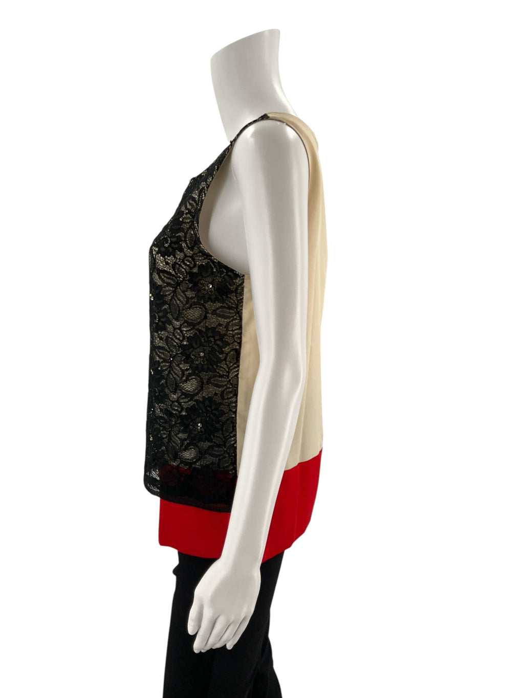 Ann Taylor black lace sleeveless top with colorblock design and embellishments, size 6, elegant and stylish for women.