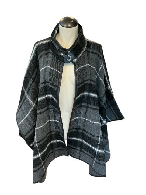 Lucky Belle black and gray plaid poncho with front buckle closure, one size fits most, available at Margaret’s Fine Consignments.