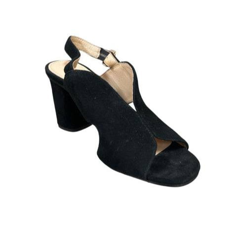 Louise et Cie black suede heel in size 7.5 with open toe and block heel, available at Margaret's Fine Consignments. Elegant final sale designer shoe.