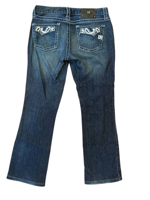 Back view of D9 Dark Jeans - Distressed Bootcut Vintage Size 7 featuring embroidered pockets and worn-in vintage wash.