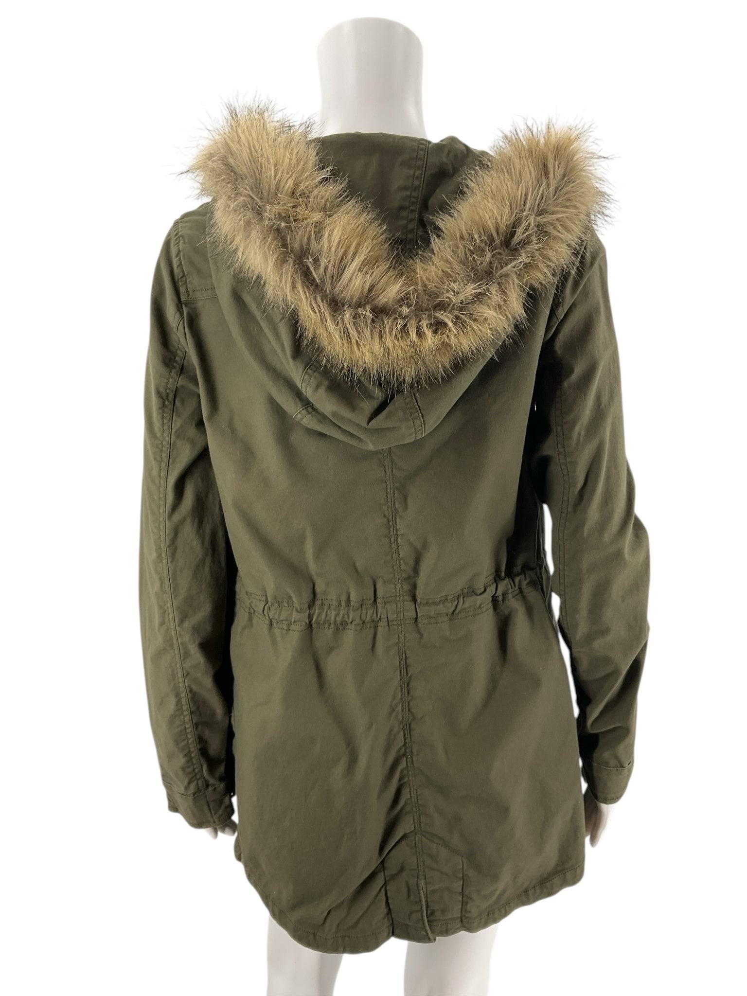 Back view of Lucky Brand Olive Solid Jacket – Size XS featuring a faux fur-trimmed hood and cinched waist, ideal for casual layering.