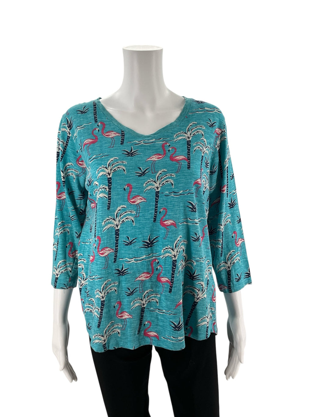 Turquoise and multi-colored flamingo pullover top by Sunsets & Sweet Tea, scoop neck style, size medium for ladies.