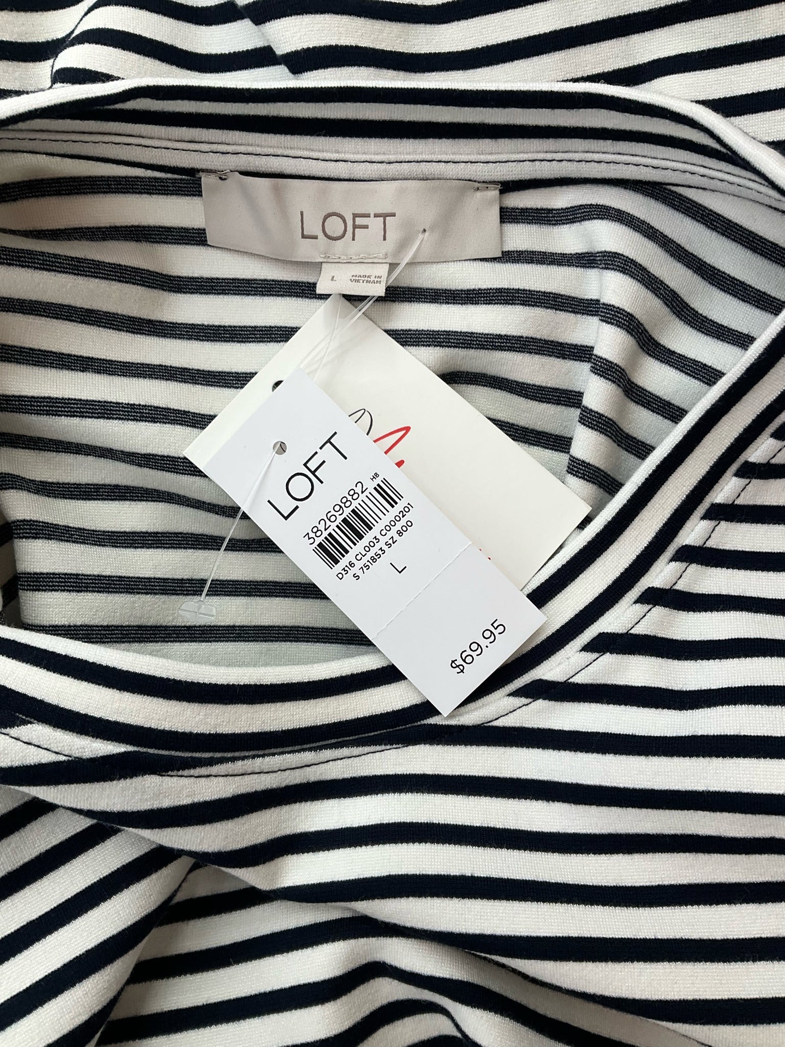 Loft navy and white striped long sleeve tunic dress in size large, featuring a casual knit pullover design with tags.