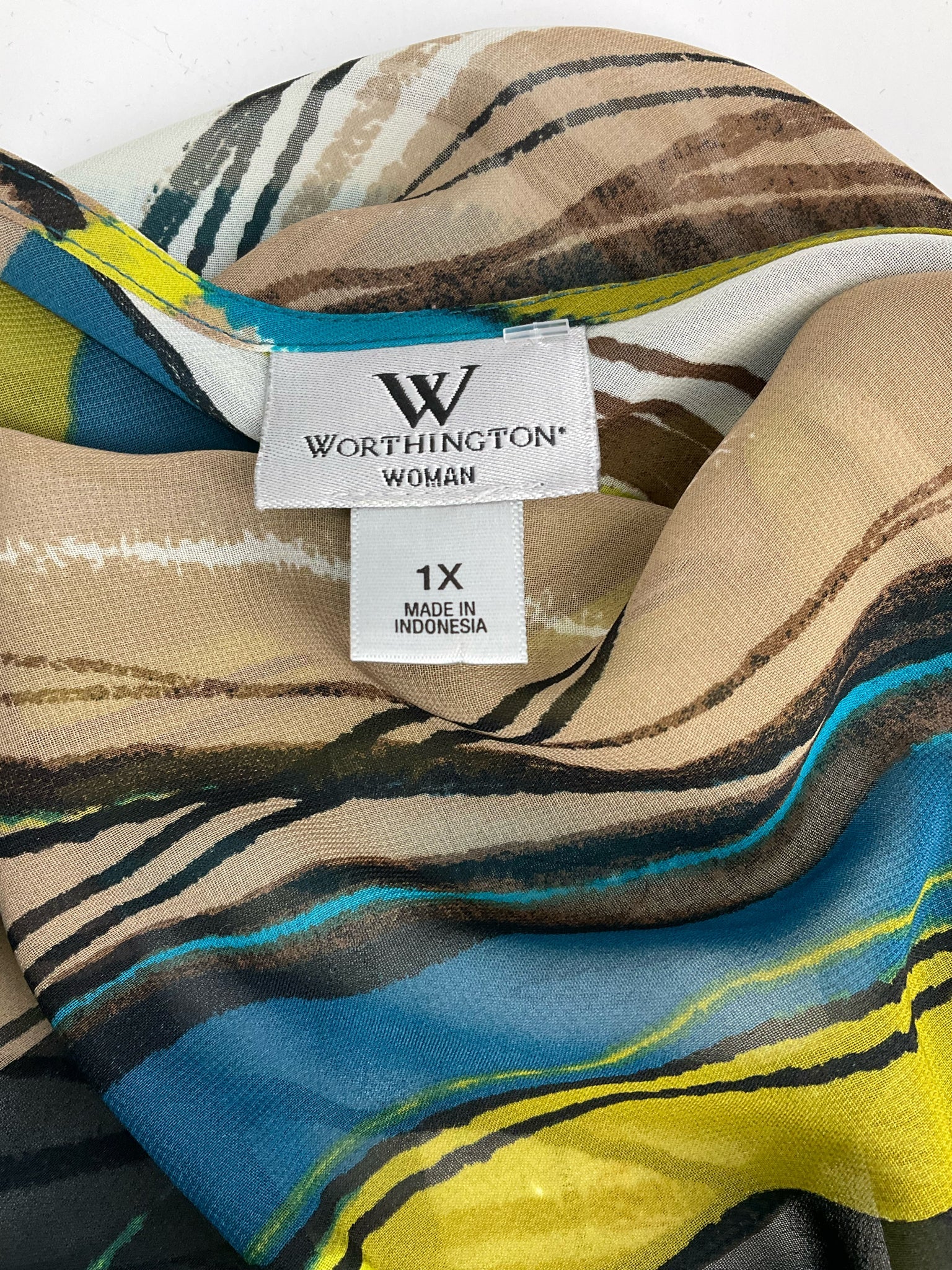 Worthington Brown/Teal/Lime/Black Print Pre-Owned Short Sleeve Top - Size 1X