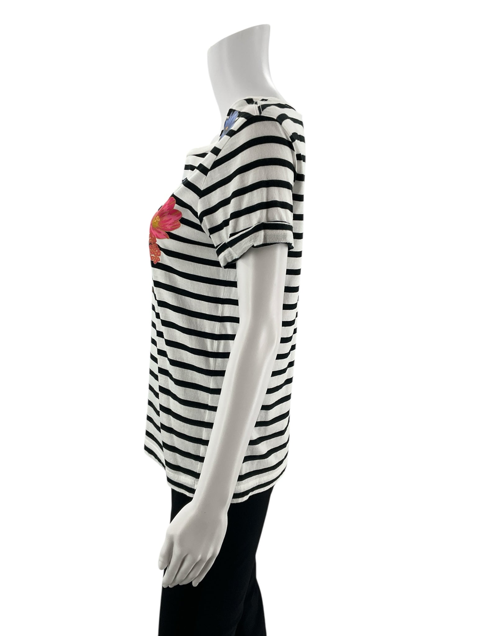 Kate Spade white and multi floral stripe short sleeve casual top for women, pre-owned, size small.