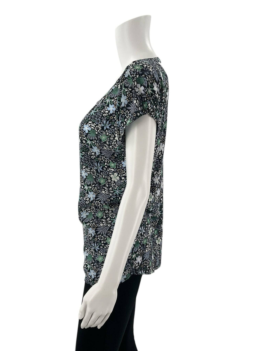 Side profile of Loft Navy/Multi Floral Blouse - Size Small showing relaxed fit and lightweight fabric, great for everyday comfort.