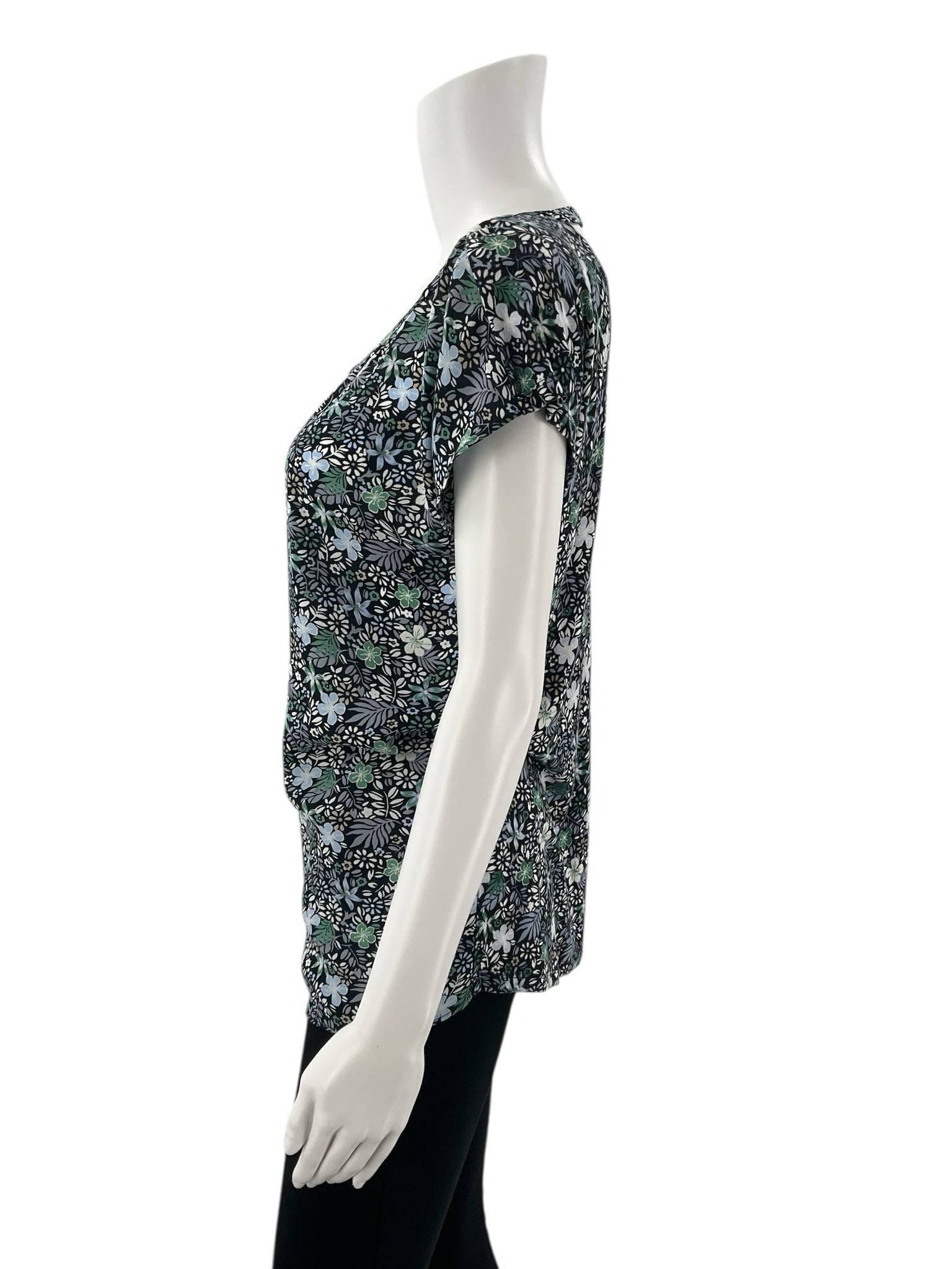 Side profile of Loft Navy/Multi Floral Blouse - Size Small showing relaxed fit and lightweight fabric, great for everyday comfort.