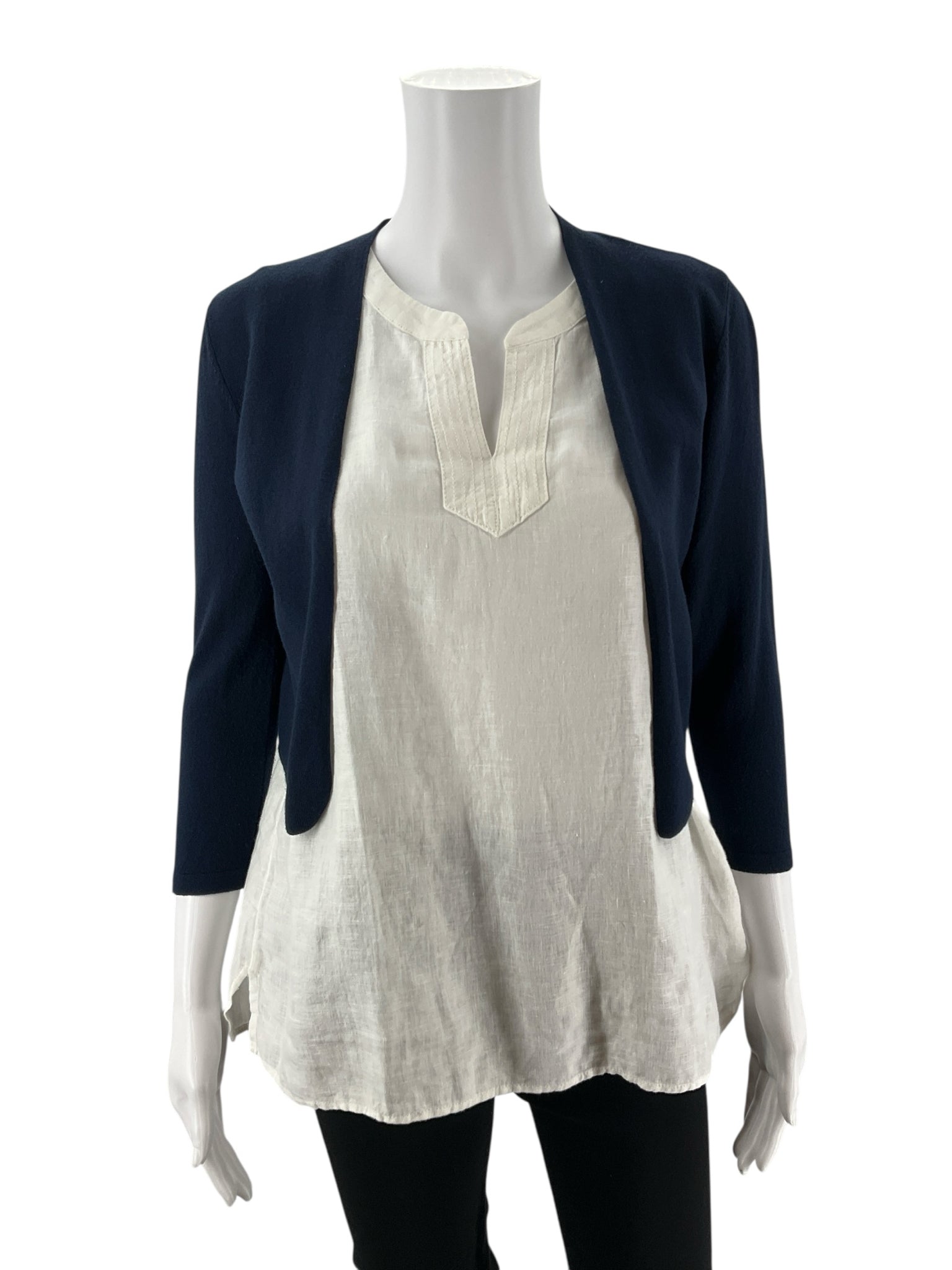 Ann Taylor navy cardigan for women, open front, layered design, size petite XS, perfect for business casual wear.