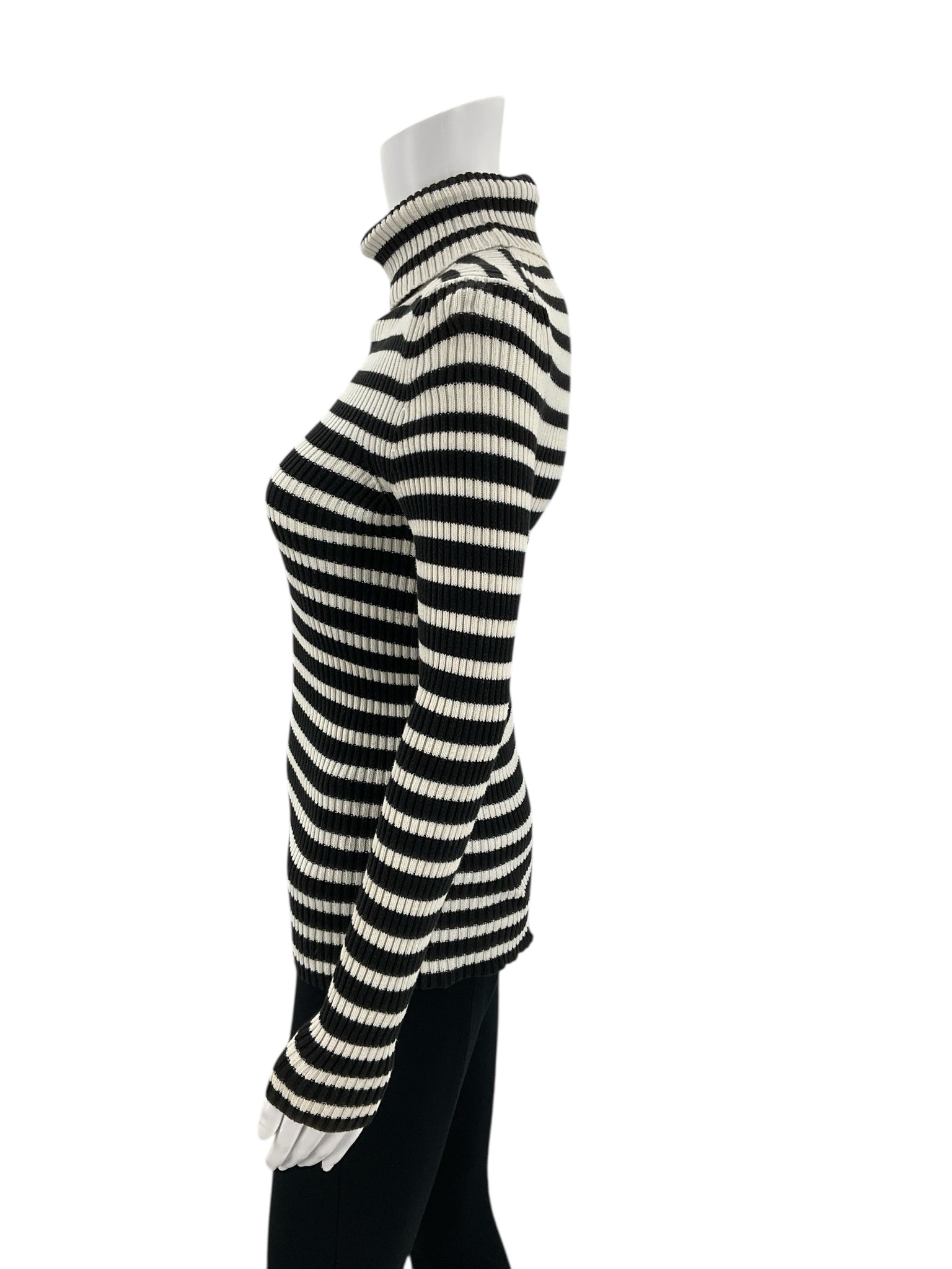 Side view of Loft black/white striped ribbed turtleneck sweater, pre-owned women's top in Size XS for winter wear.