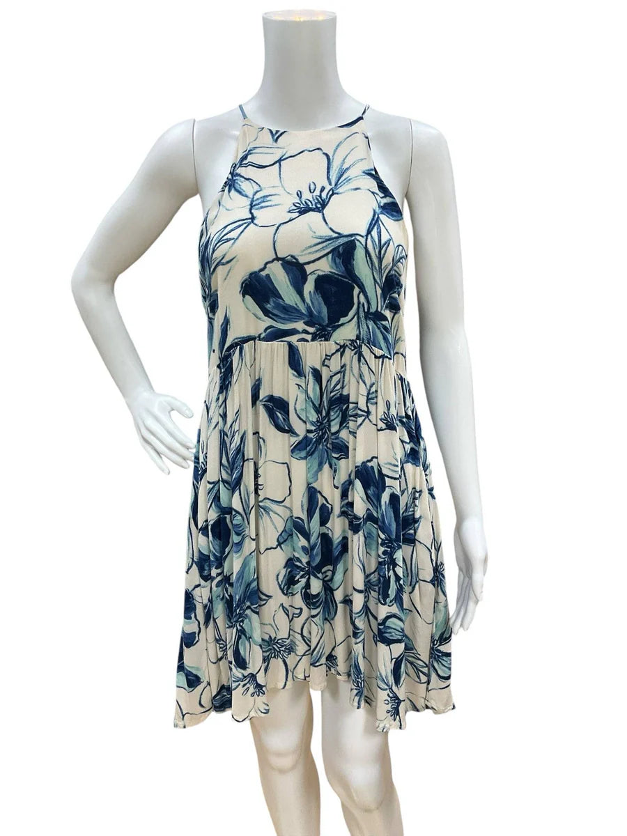 Lush Cream/Blue Floral Ladies Pre-Owned Dress - Size Medium