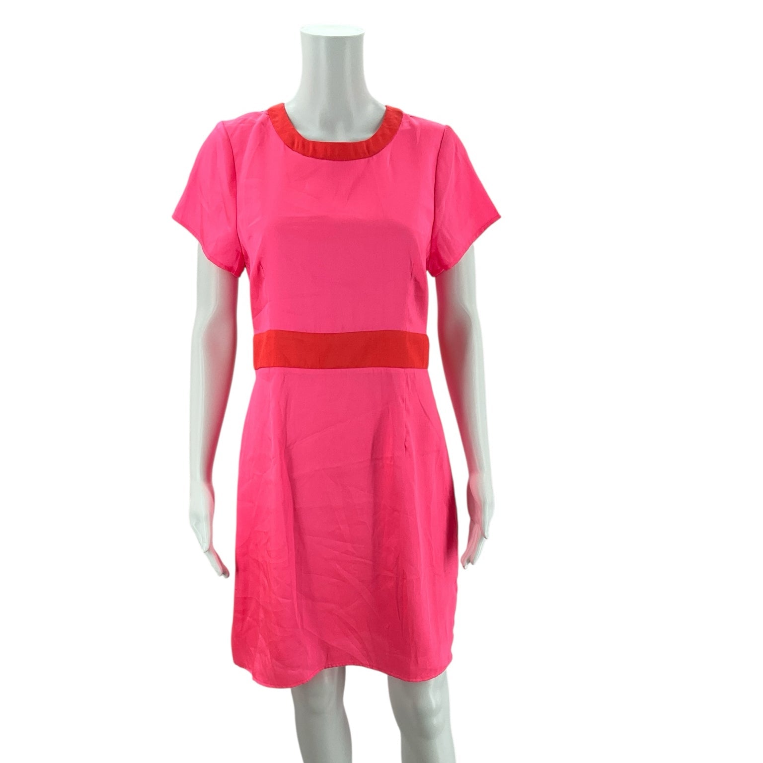 Julie Brown pink solid dress NWT, size 6, front view. Features short sleeves and red waistband, ideal for cocktail or casual wear.