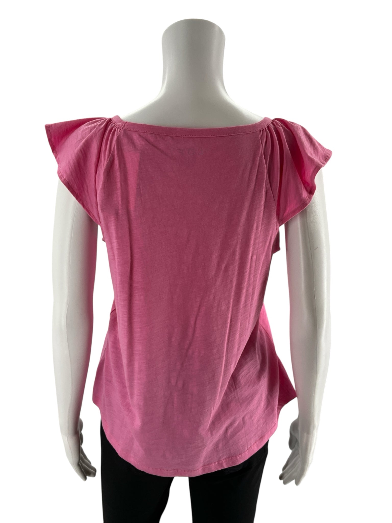 Pink solid pre-owned LOFT ladies' t-shirt in size small, displayed flat showcasing its casual style and soft fabric.