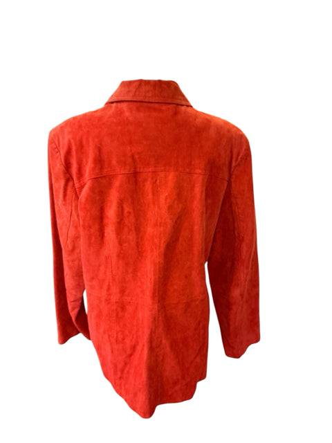 Back view of Excelled Orange Leather Jacket Size XL showing smooth suede texture and tailored fit, sold by Margaret’s Fine Consignments.