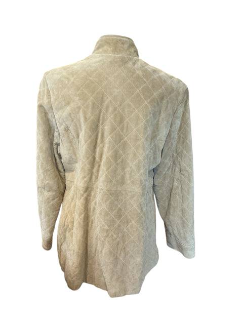 Back view of Terry Lewis Tan Leather Jacket Size Large featuring a diamond quilted design, sold by Margaret’s Fine Consignments.