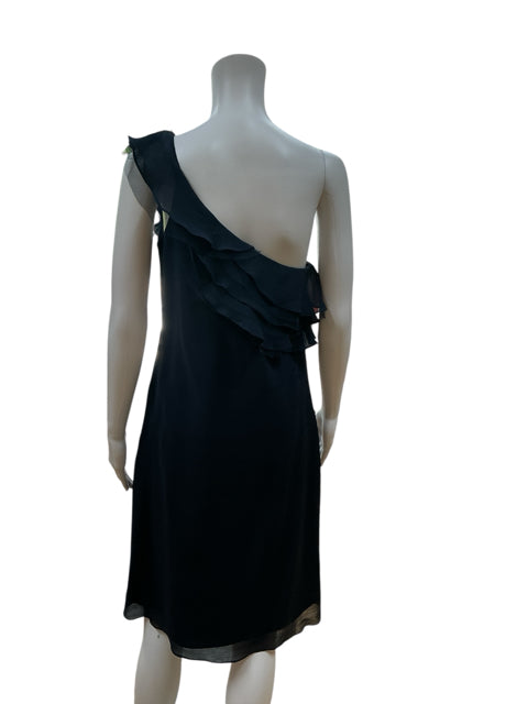 Back view of Ella Rose navy blue one shoulder ruffle sheath dress, showcasing asymmetrical cut and smooth wool-silk blend fabric.