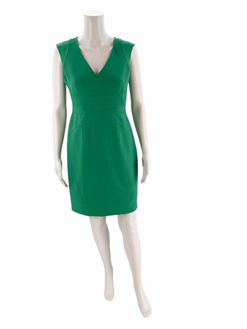 Front view of Adrianna Papell Green Dress Size 4 Petite on mannequin, featuring tailored fit and elegant pleated waistline.