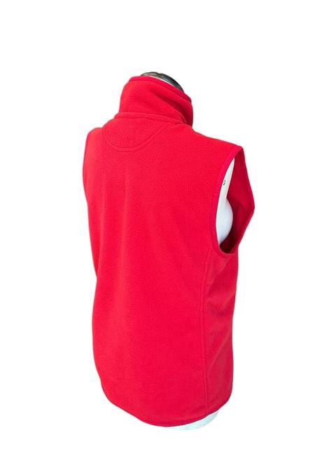 Angled back view of Polo Red Fleece Vest Size Medium on mannequin, highlighting soft fleece texture. Shop at Margaret’s Fine Consignments.