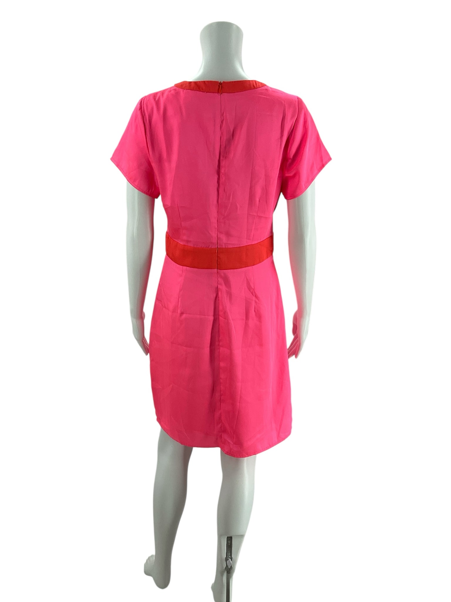 Back view of Julie Brown pink dress NWT, size 6. Includes red waistband and rear zipper closure for a tailored fit.