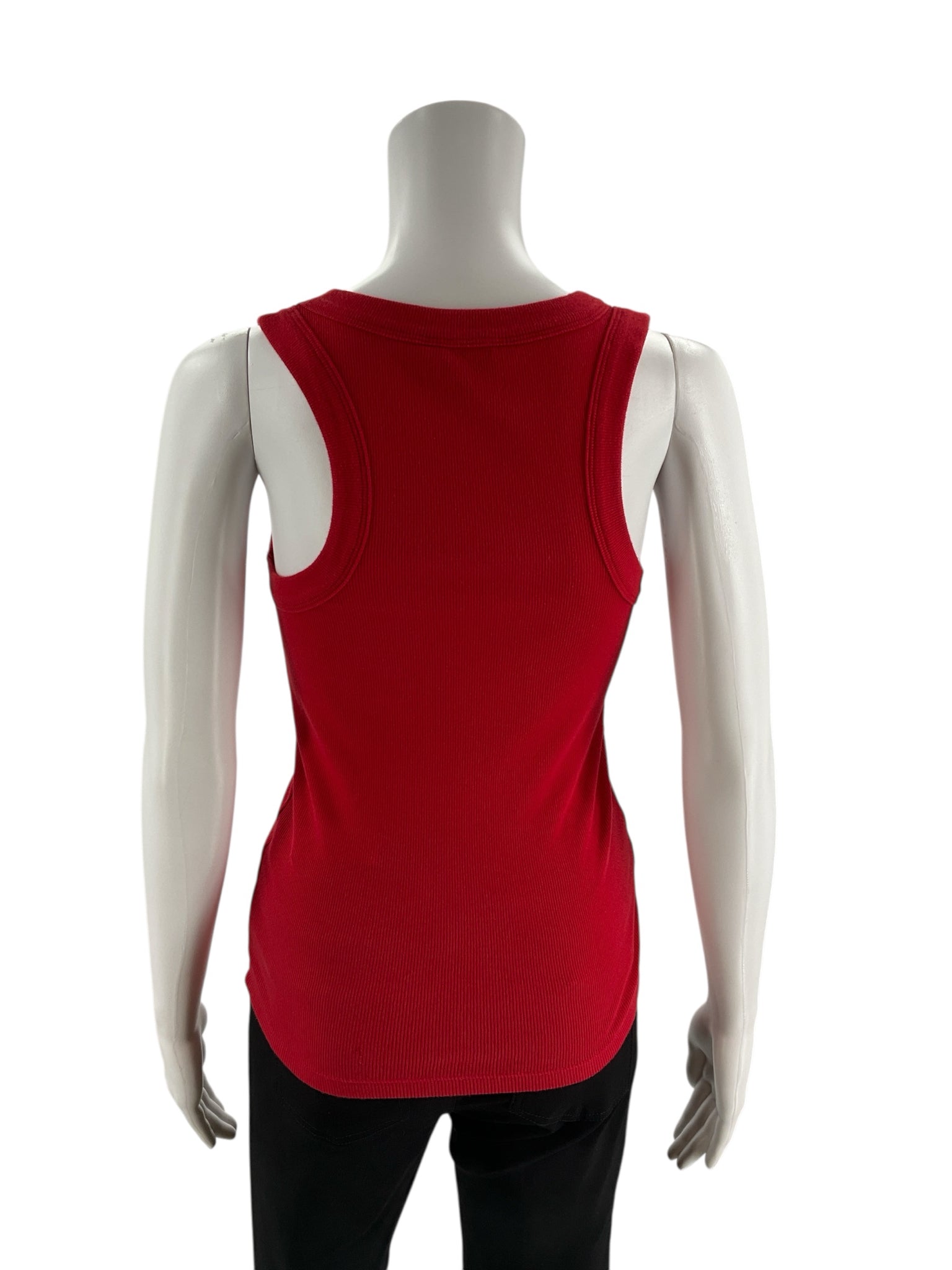 Back view of Banana Republic ribbed scoop-neck tank top in red, size XS. Features a racerback cut and soft stretch fabric.
