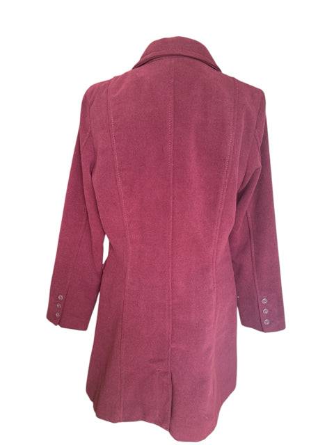 Back view of Flame Coat Size XL in maroon, showcasing tailored seams and buttoned cuffs. Shop this chic outerwear at Margaret's Fine Consignments.