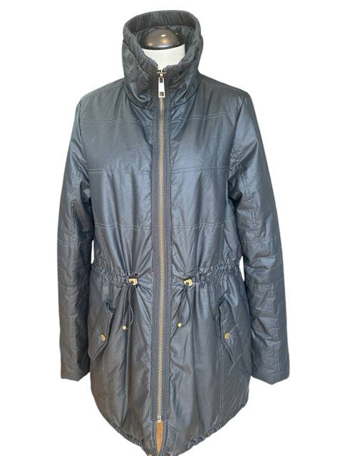 Ann Taylor black solid coat size medium with front zip closure and drawstring waist, available at Margaret's Fine Consignments.