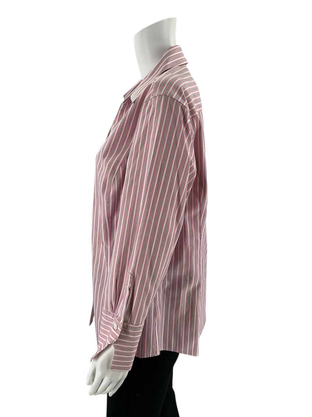 Brooks Bros white, pink, and green striped casual top, size 16, featuring a relaxed fit and short sleeves.