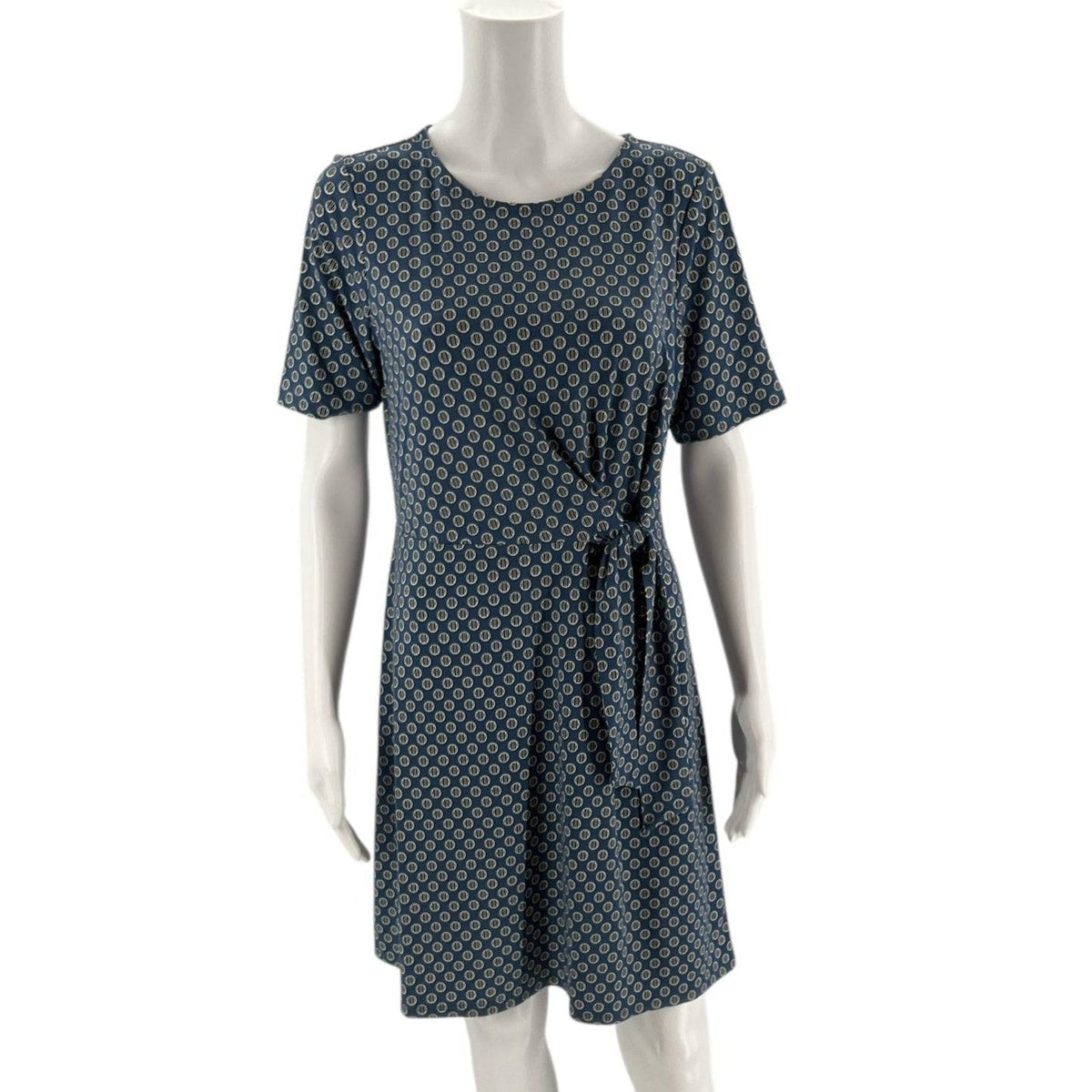 Front view of Ann Taylor Dress Size Medium Petite with tie waist and geometric print, new with tags at Margaret’s Fine Consignments.