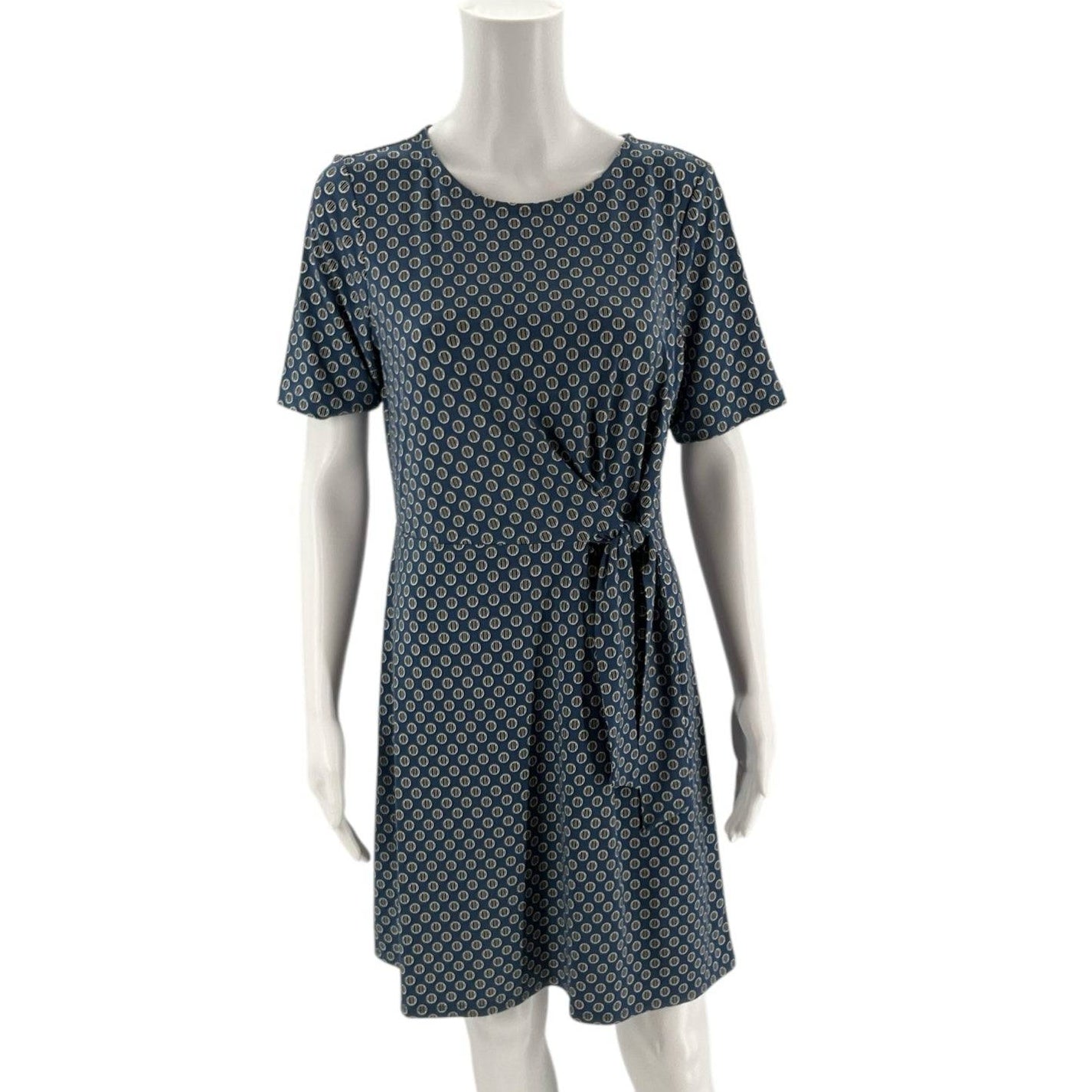 Front view of Ann Taylor Dress Size Medium Petite with tie waist and geometric print, new with tags at Margaret’s Fine Consignments.