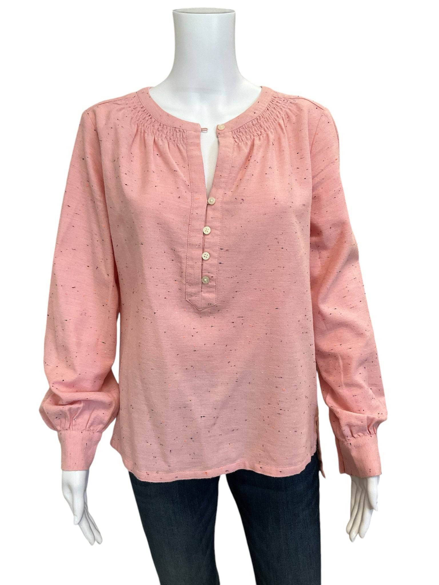 Close-up of Loft Pink Speckled Top Size Small on mannequin, showing speckled fabric, button placket, and gathered neckline. Available at Margaret’s Fine Consignments.