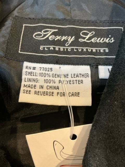 Terry Lewis Classic Luxuries label on black leather jacket, size large, made of 100% genuine leather with polyester lining.