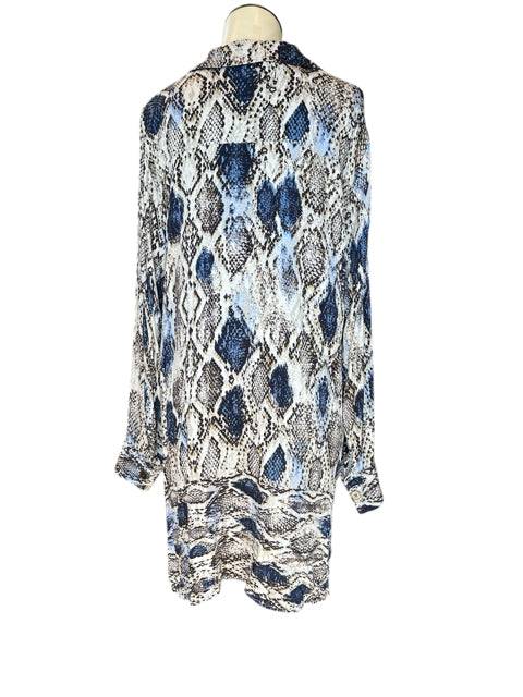 Back view of Tribal Dress Size Large with bold tan and blue snake print, available at Margaret's Fine Consignments.