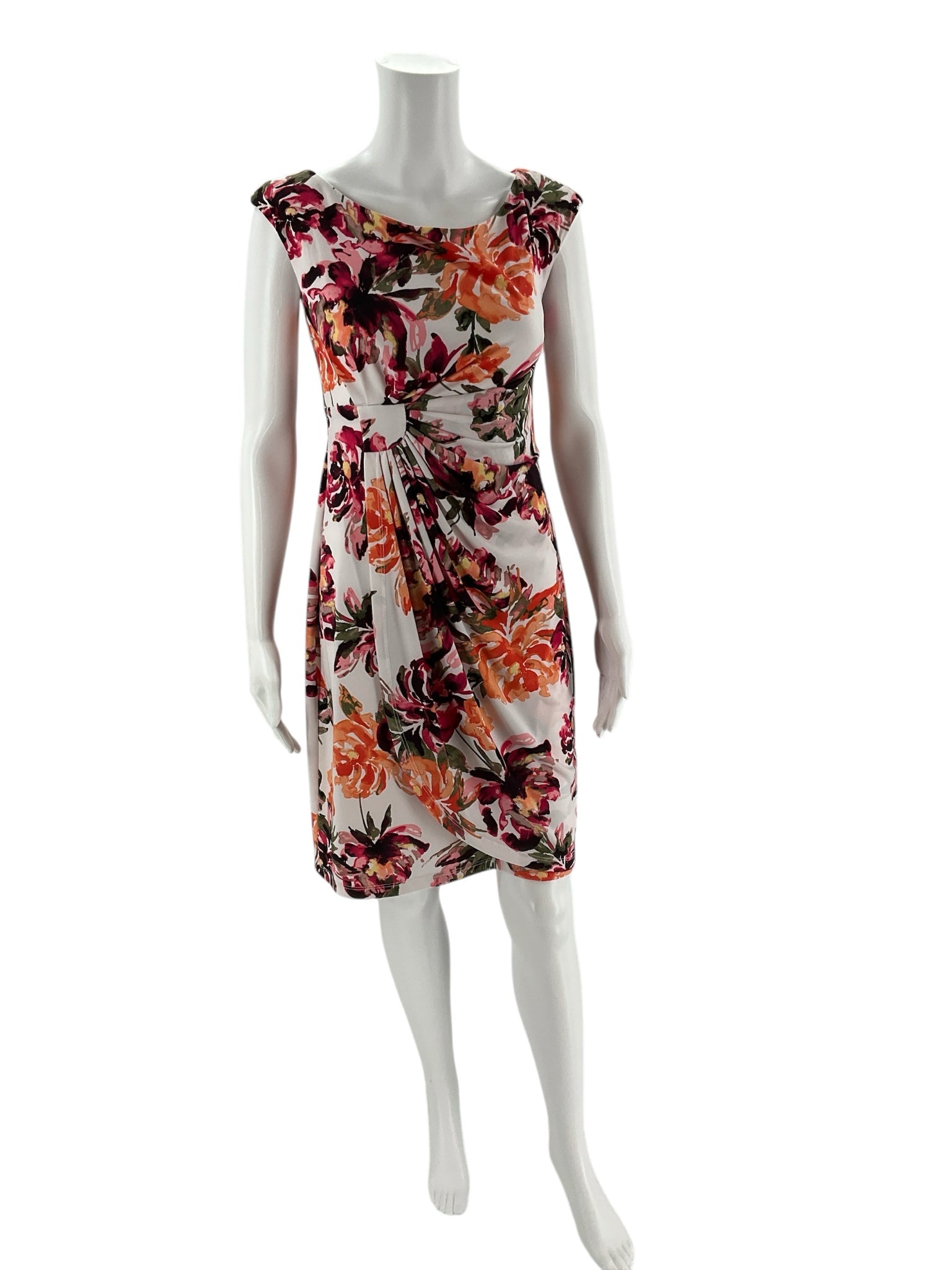 Front view of Connected Dress Size 6 Petite with vibrant floral pattern in white, orange, and pink, available at Margaret’s Fine Consignments.