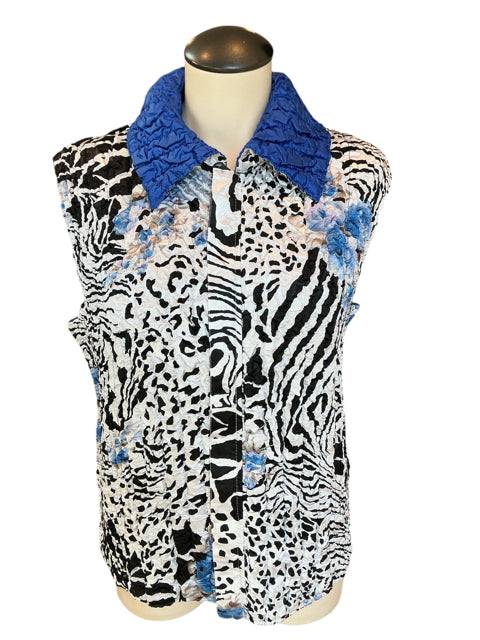 Front view of No Brand Vest Size M/L with blue crinkle collar and animal print design, available at Margaret’s Fine Consignments.