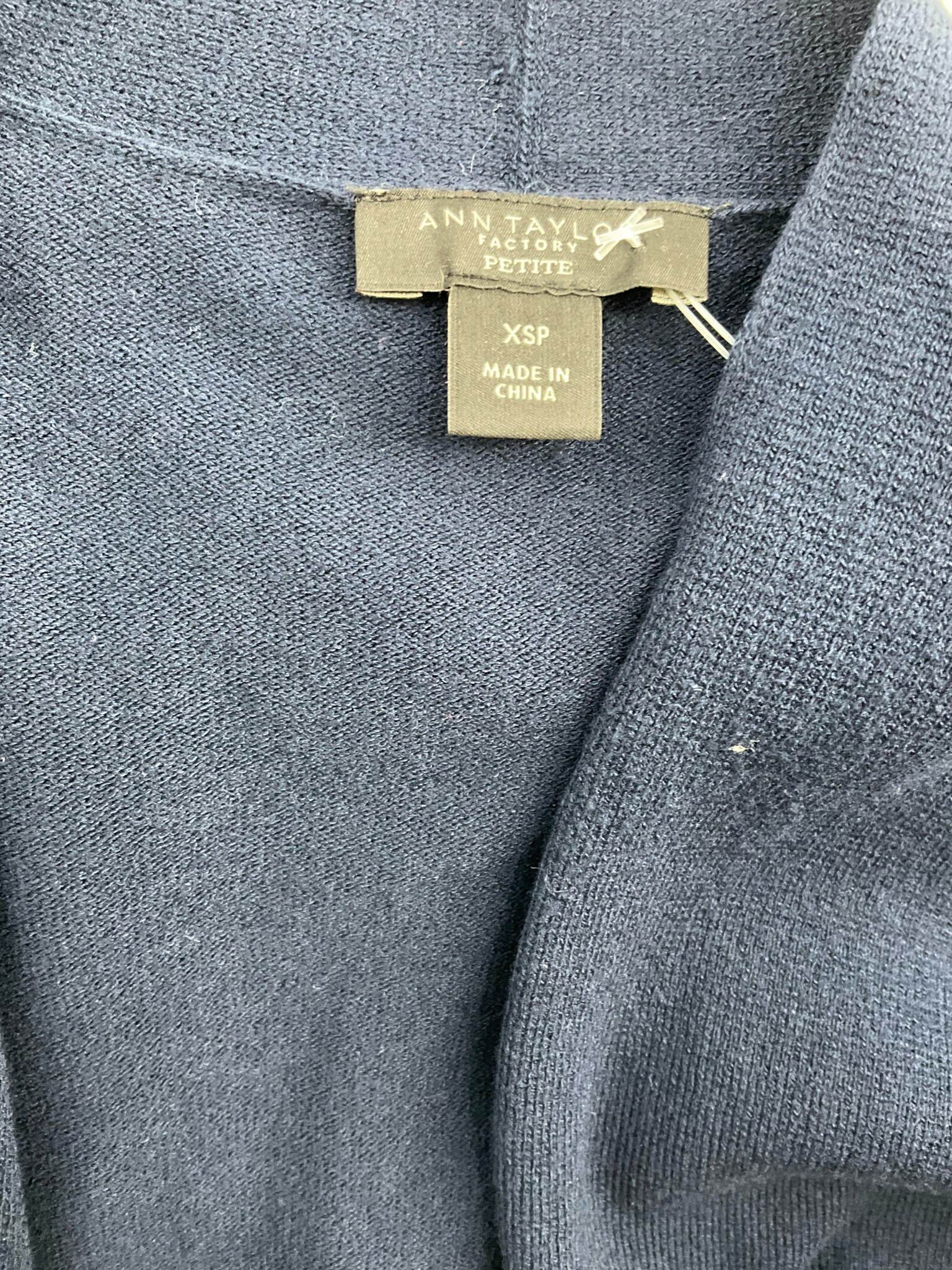 Ann Taylor Navy Cardigan, pre-owned ladies' top, size petite XS, layered, open front for business casual wear.