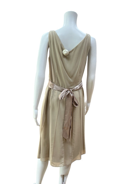 Back view of Rabbit Rabbit Rabbit Beige Pre-Owned Dress, size 6, showing draped V-back and satin tie waist, perfect for special occasions.
