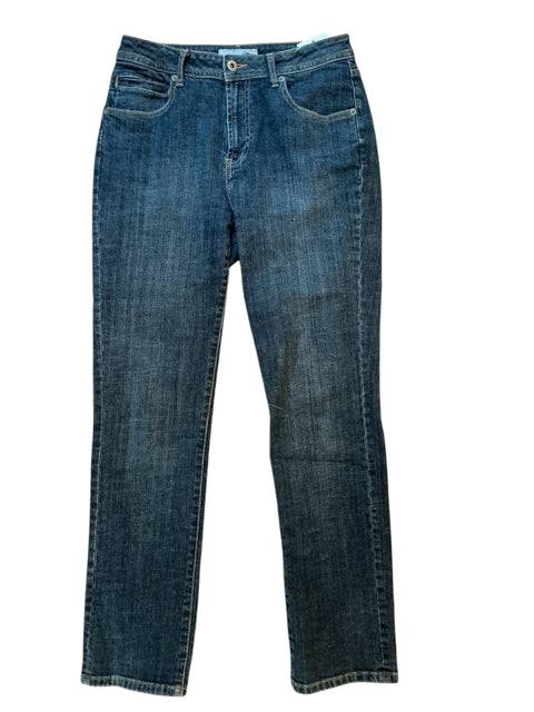 Flat lay of Chico's Jeans Size 0 in solid blue denim, featuring a classic straight-leg cut, sold by Margaret’s Fine Consignments.
