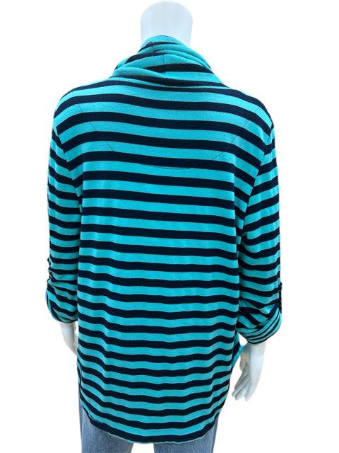 Back view of Ruby Rd Top Size Petite Medium in teal and navy stripes, showcasing relaxed fit and rolled sleeves.