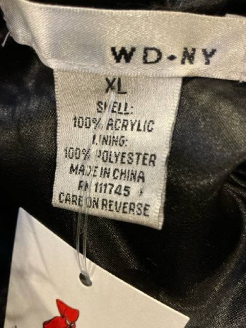 WD-NY Vest Size XL label showing material details: 100% acrylic shell, 100% polyester lining. Available at Margaret’s Fine Consignments.